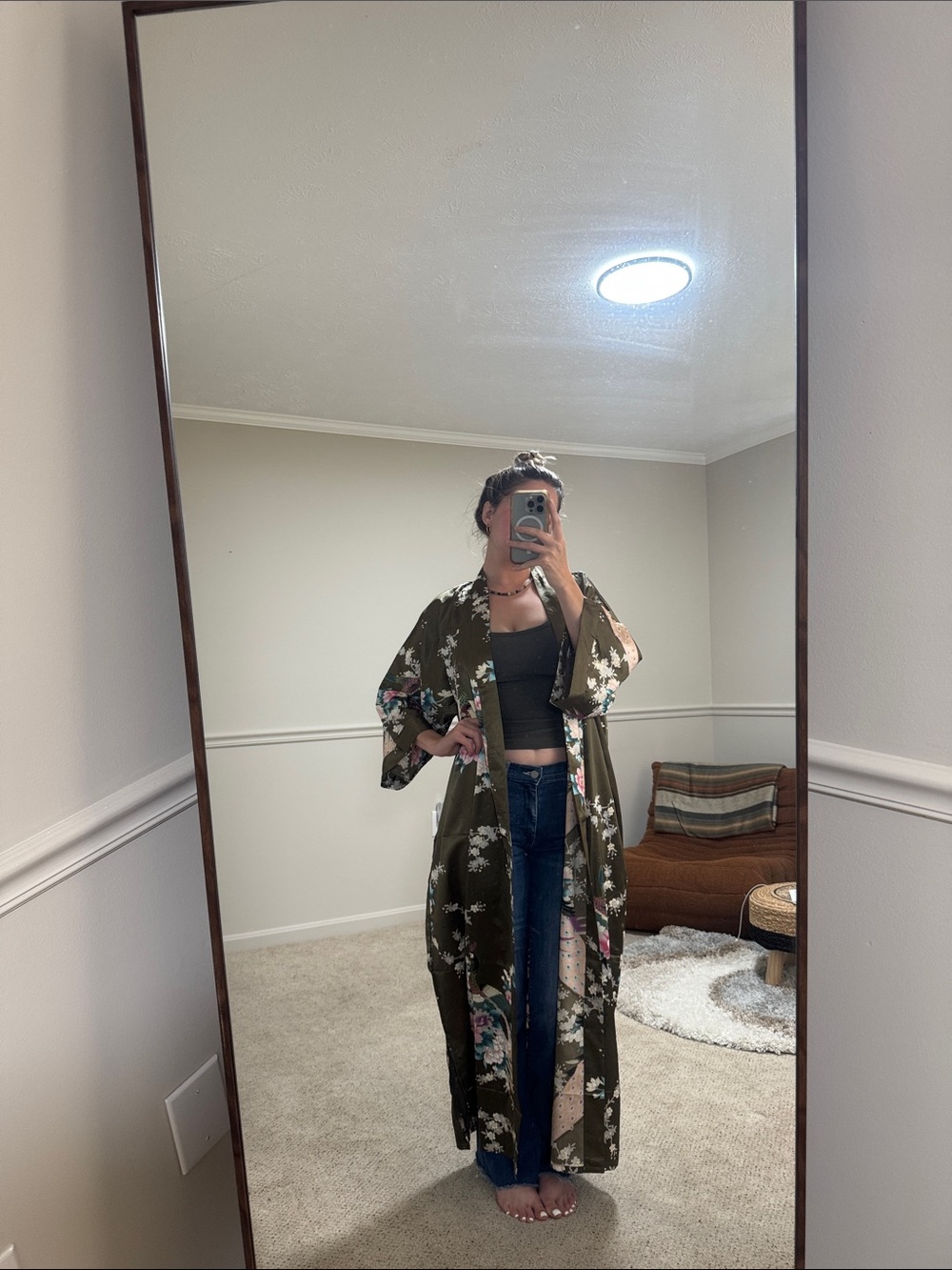 Floral Satin Kimono Robe in Olive Green